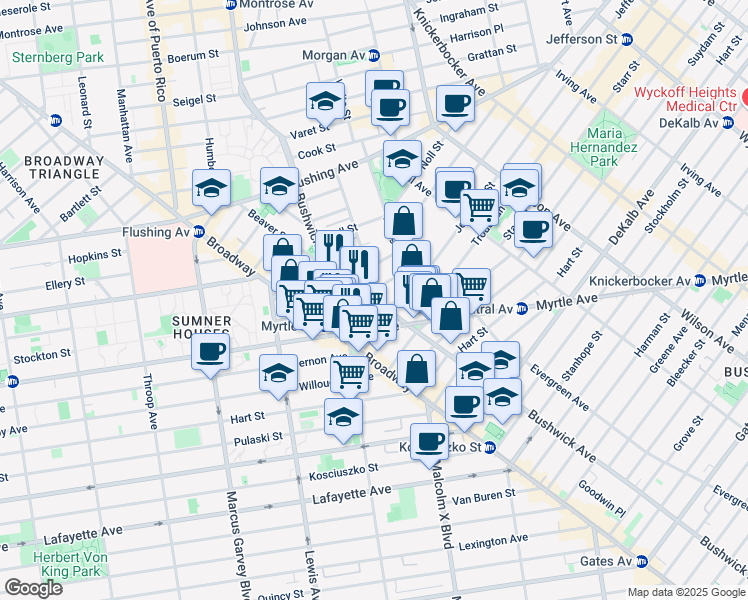 map of restaurants, bars, coffee shops, grocery stores, and more near Bushwick Avenue & Stanwix Street in Brooklyn
