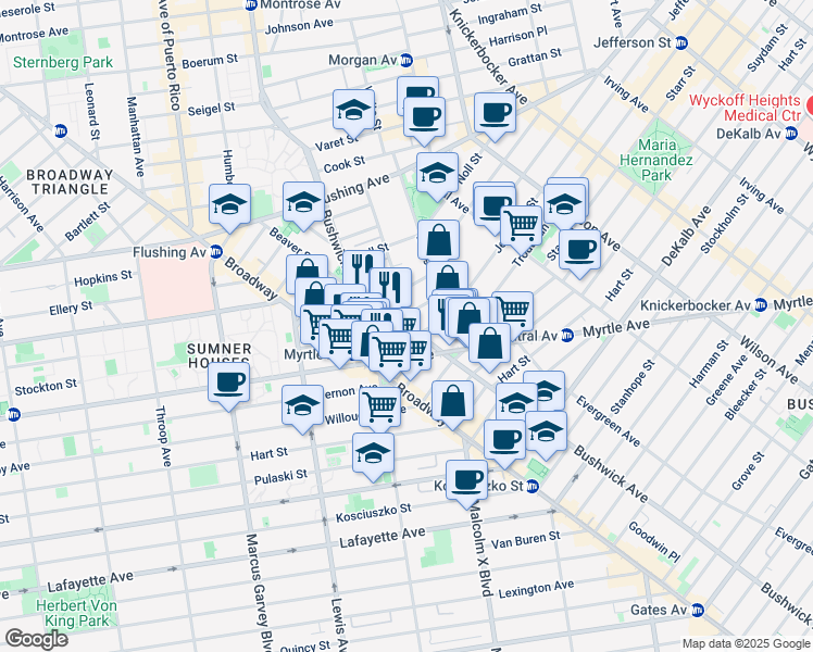 map of restaurants, bars, coffee shops, grocery stores, and more near 619 Bushwick Avenue in Brooklyn