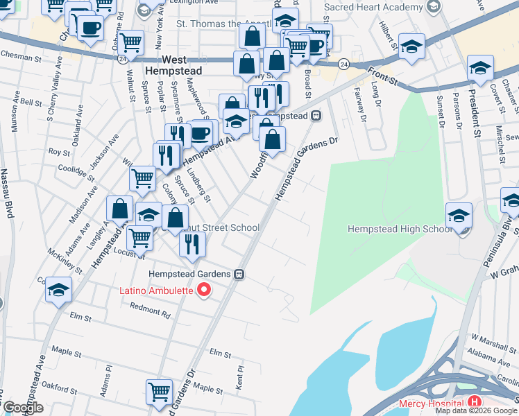 map of restaurants, bars, coffee shops, grocery stores, and more near 423 Berrywood Court in West Hempstead