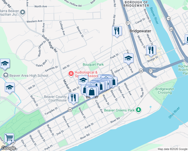 map of restaurants, bars, coffee shops, grocery stores, and more near 446 4th Street in Beaver