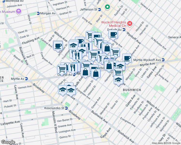 map of restaurants, bars, coffee shops, grocery stores, and more near 115 Stockholm Street in Brooklyn