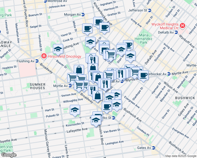 map of restaurants, bars, coffee shops, grocery stores, and more near 949 Willoughby Avenue in Brooklyn