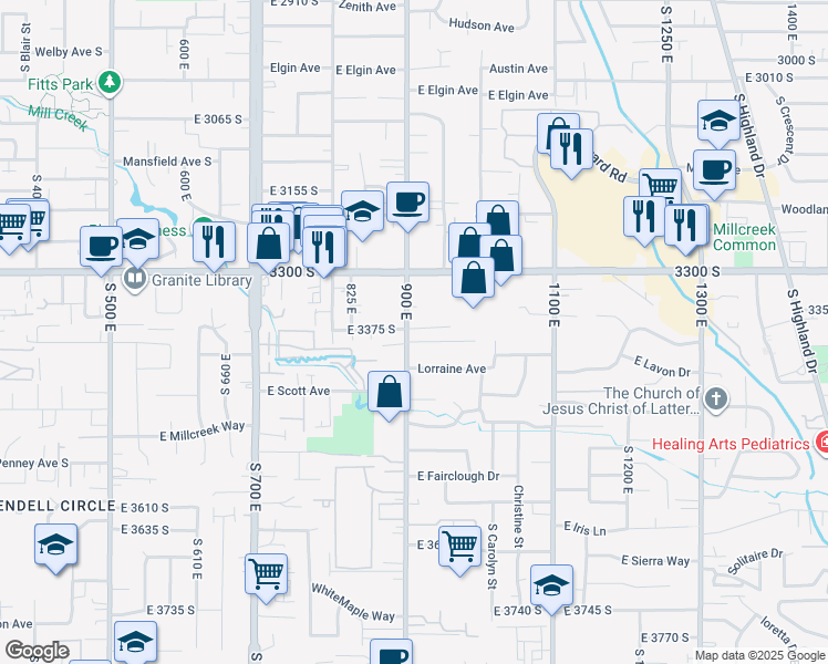 map of restaurants, bars, coffee shops, grocery stores, and more near 3379 South 900 East in Millcreek
