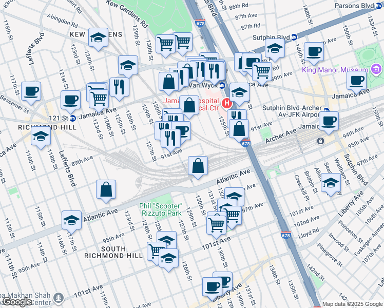 map of restaurants, bars, coffee shops, grocery stores, and more near 130-17 92nd Avenue in Queens