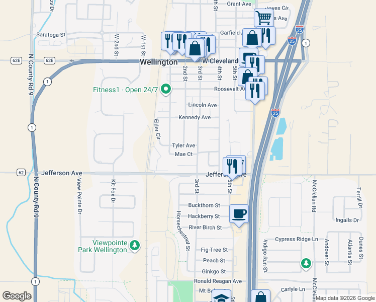 map of restaurants, bars, coffee shops, grocery stores, and more near 3743 Mae Court in Wellington