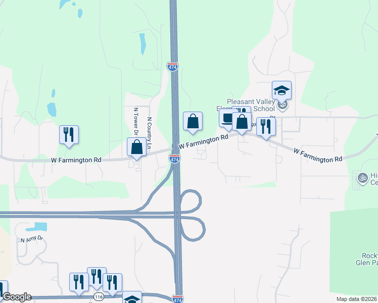 map of restaurants, bars, coffee shops, grocery stores, and more near 5116 West Farmington Road in Peoria