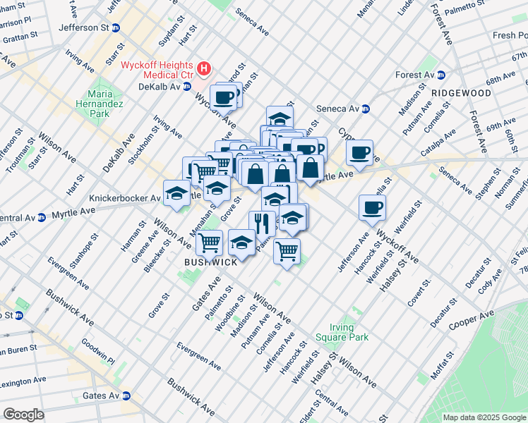 map of restaurants, bars, coffee shops, grocery stores, and more near 1485 Gates Avenue in Brooklyn