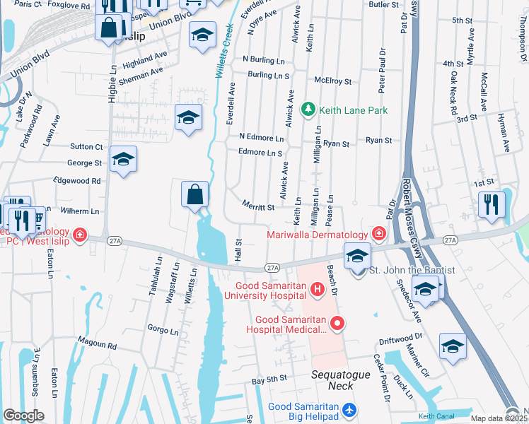map of restaurants, bars, coffee shops, grocery stores, and more near 32 Merritt Street in West Islip