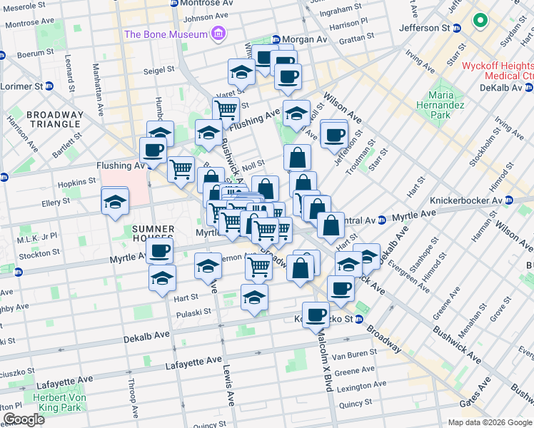 map of restaurants, bars, coffee shops, grocery stores, and more near 41 Jefferson Street in Brooklyn