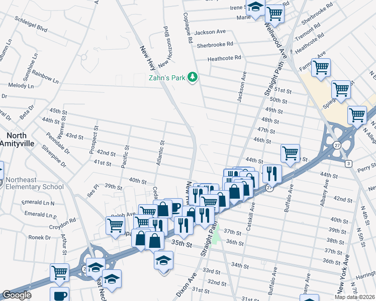 map of restaurants, bars, coffee shops, grocery stores, and more near 466 44th Street in Copiague