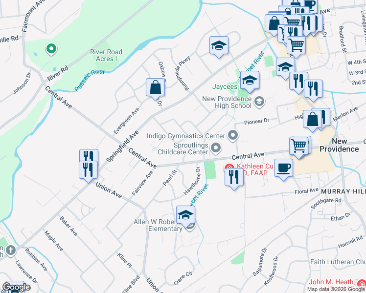map of restaurants, bars, coffee shops, grocery stores, and more near 26 Valentine Road in New Providence