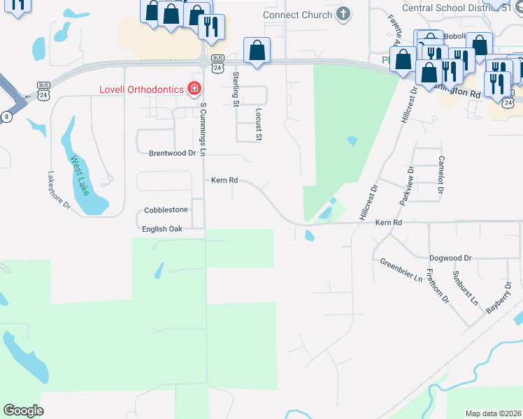 map of restaurants, bars, coffee shops, grocery stores, and more near 1819 Kern Road in Washington