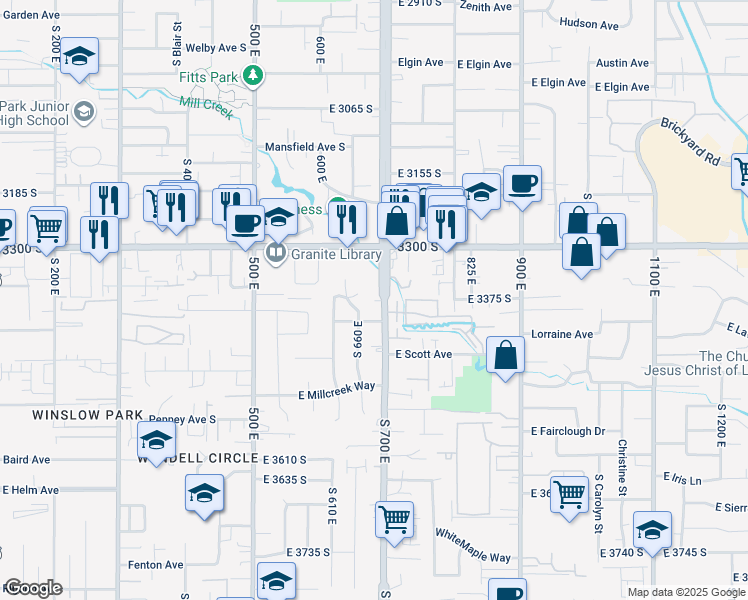 map of restaurants, bars, coffee shops, grocery stores, and more near 3366 700 East in South Salt Lake