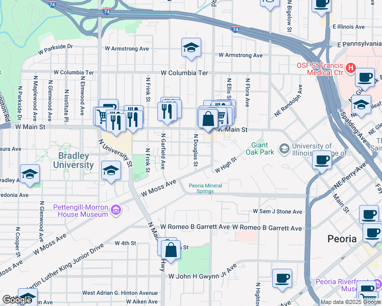 map of restaurants, bars, coffee shops, grocery stores, and more near 805 West Saint James Street in Peoria