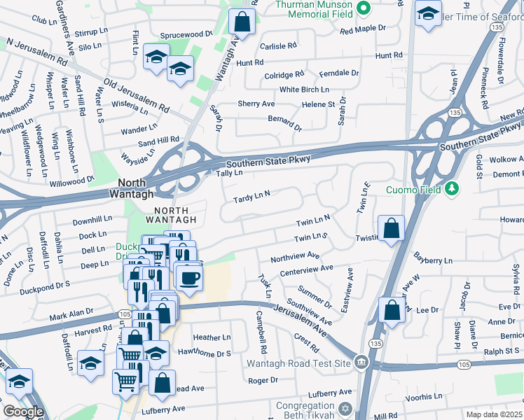 map of restaurants, bars, coffee shops, grocery stores, and more near 148 Tardy Lane in Wantagh