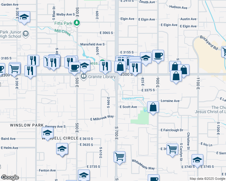 map of restaurants, bars, coffee shops, grocery stores, and more near 3366 700 East in South Salt Lake