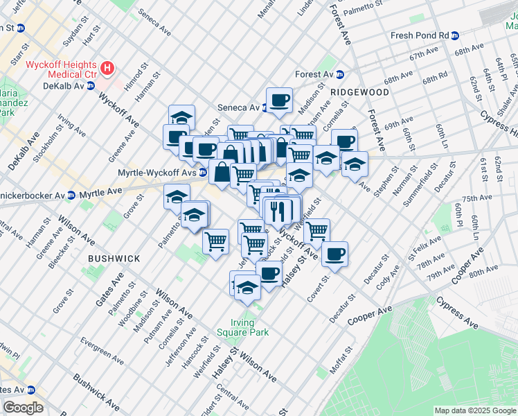 map of restaurants, bars, coffee shops, grocery stores, and more near in Queens