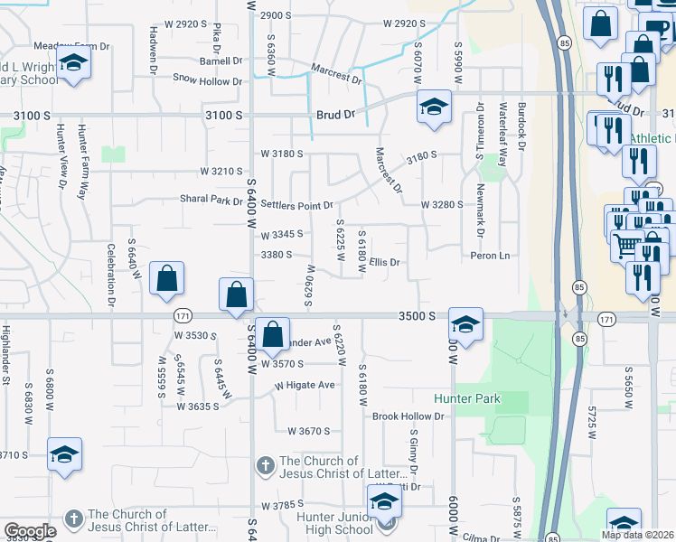 map of restaurants, bars, coffee shops, grocery stores, and more near 6210 Chantay Drive in West Valley City