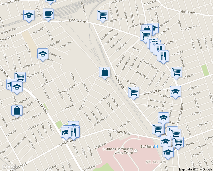 map of restaurants, bars, coffee shops, grocery stores, and more near 111-48 179th Place in Queens