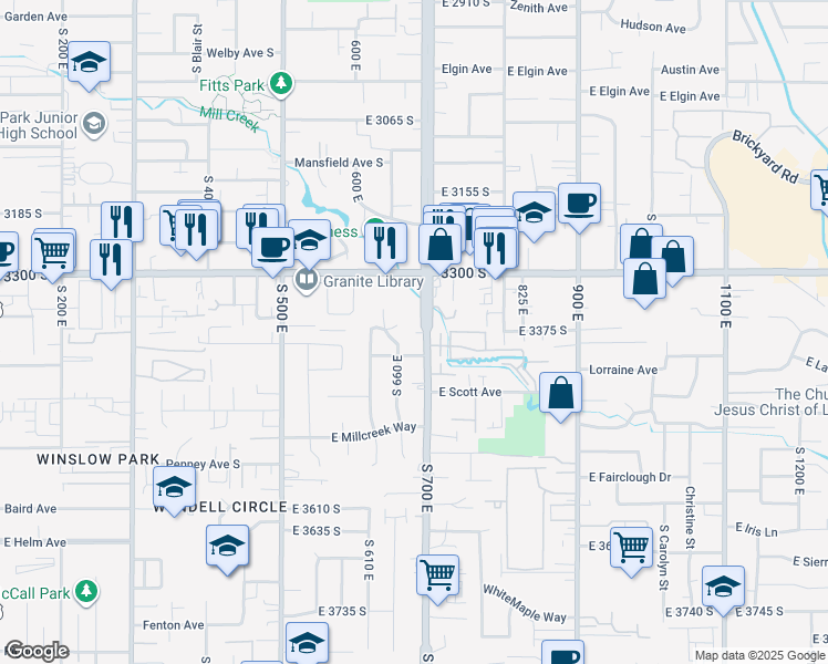 map of restaurants, bars, coffee shops, grocery stores, and more near 3366 700 East in South Salt Lake