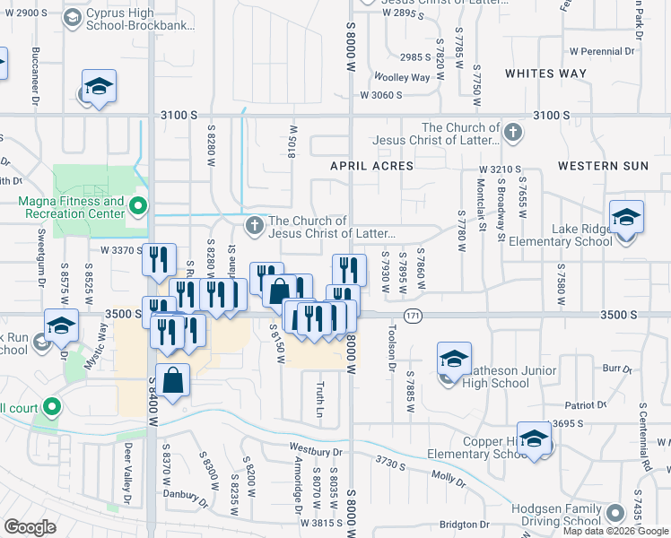 map of restaurants, bars, coffee shops, grocery stores, and more near 8027 Copperfield Place in Magna