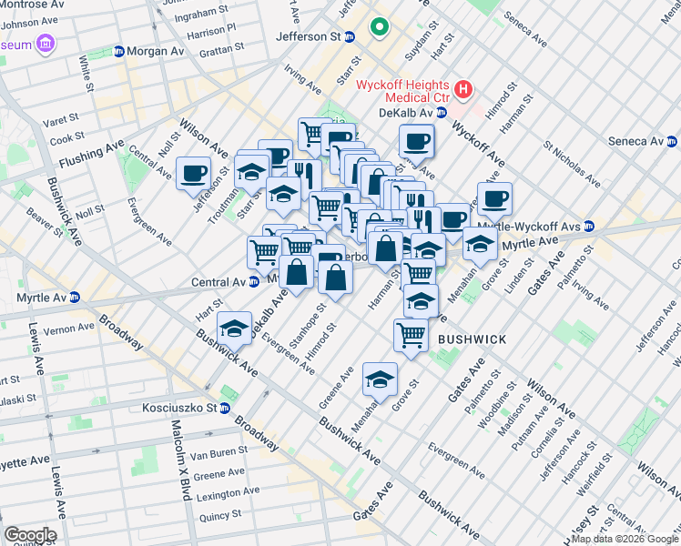 map of restaurants, bars, coffee shops, grocery stores, and more near 132A Stanhope Street in Brooklyn