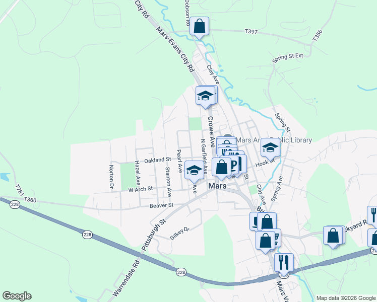 map of restaurants, bars, coffee shops, grocery stores, and more near 202 Oakland Street in Mars