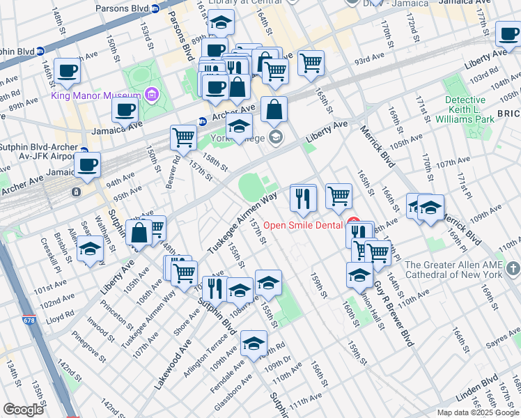 map of restaurants, bars, coffee shops, grocery stores, and more near 157-22 Tuskegee Airmen Way in Queens