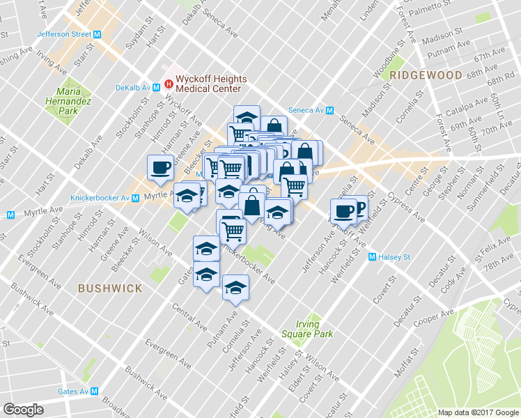 map of restaurants, bars, coffee shops, grocery stores, and more near 351 Irving Avenue in Brooklyn