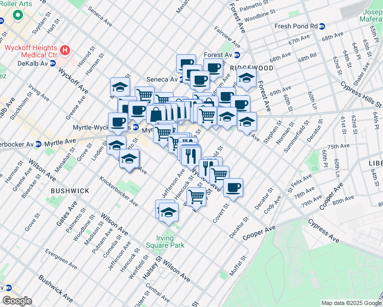 map of restaurants, bars, coffee shops, grocery stores, and more near 16-25 Hancock Street in Queens