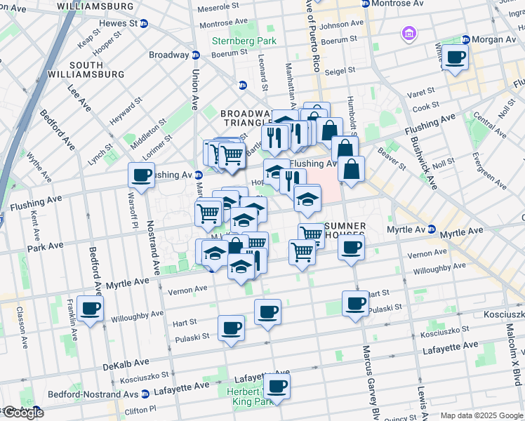 map of restaurants, bars, coffee shops, grocery stores, and more near 739 Park Avenue in Brooklyn