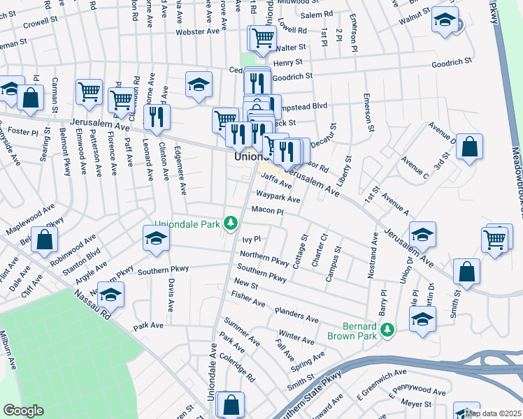 map of restaurants, bars, coffee shops, grocery stores, and more near 674 Macon Place in Uniondale