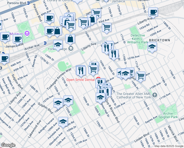 map of restaurants, bars, coffee shops, grocery stores, and more near Guy R Brewer Blvd & 107th Ave in Queens