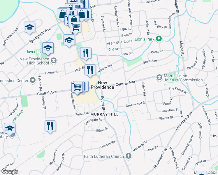 map of restaurants, bars, coffee shops, grocery stores, and more near 492 Central Avenue in New Providence