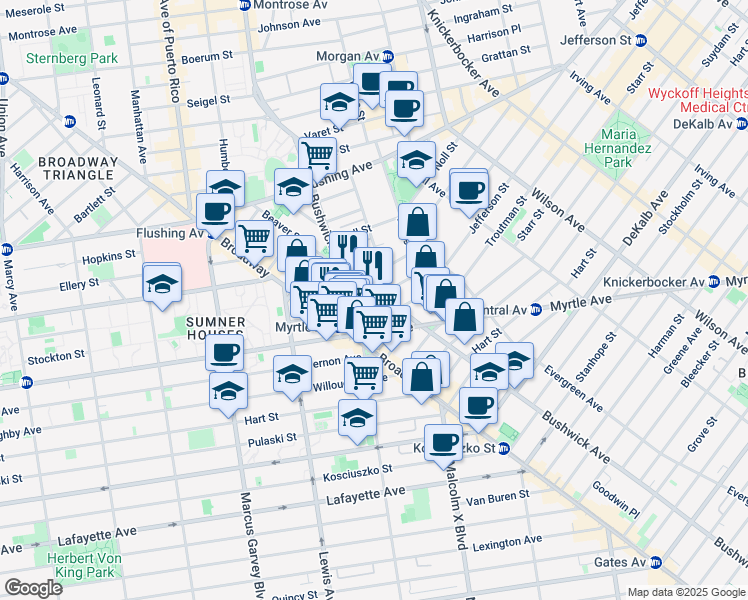 map of restaurants, bars, coffee shops, grocery stores, and more near 34 Melrose Street in Brooklyn