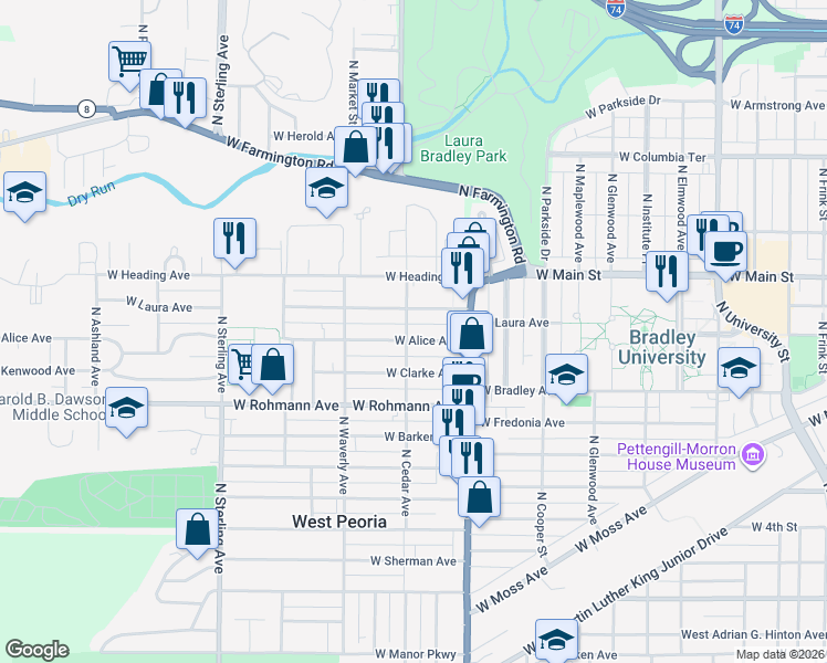 map of restaurants, bars, coffee shops, grocery stores, and more near 2009 West Alice Avenue in West Peoria