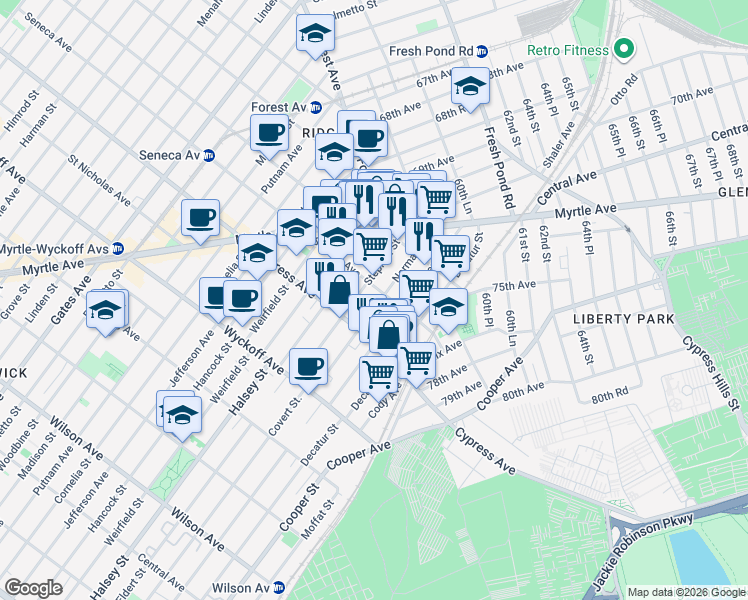 map of restaurants, bars, coffee shops, grocery stores, and more near 17-35 Norman Street in Queens