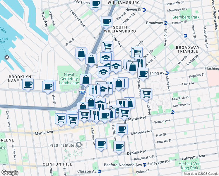 map of restaurants, bars, coffee shops, grocery stores, and more near 33 Franklin Avenue in Brooklyn