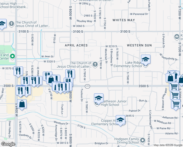 map of restaurants, bars, coffee shops, grocery stores, and more near 3421 South 7860 West in Magna