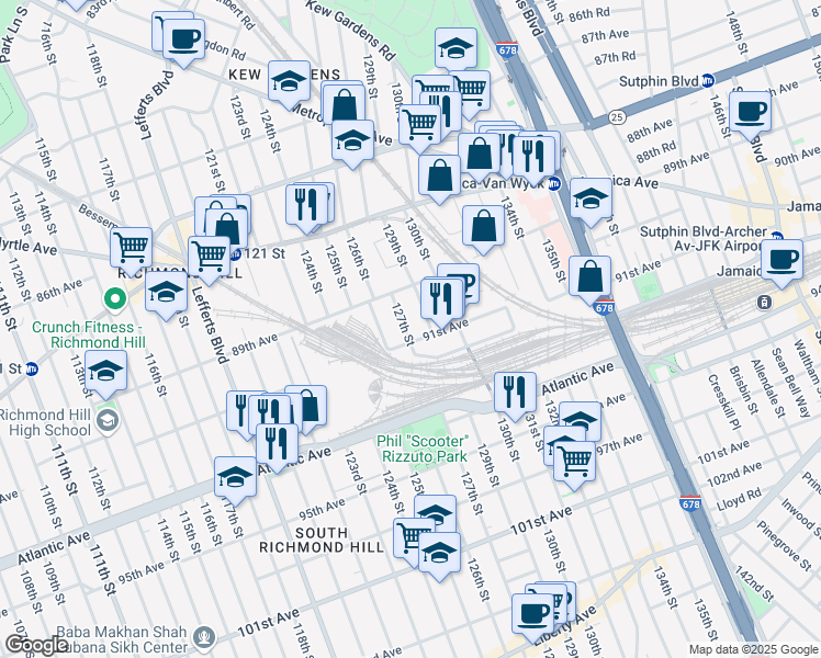 map of restaurants, bars, coffee shops, grocery stores, and more near 89-50 127th Street in Queens