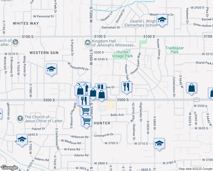 map of restaurants, bars, coffee shops, grocery stores, and more near 7108 West Fieldview Drive in West Valley City