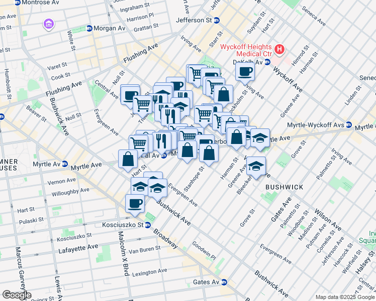 map of restaurants, bars, coffee shops, grocery stores, and more near Dekalb Avenue & Central Avenue in Brooklyn