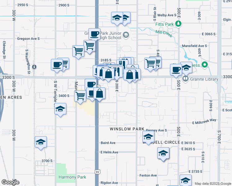 map of restaurants, bars, coffee shops, grocery stores, and more near 3374 South 200 East in South Salt Lake