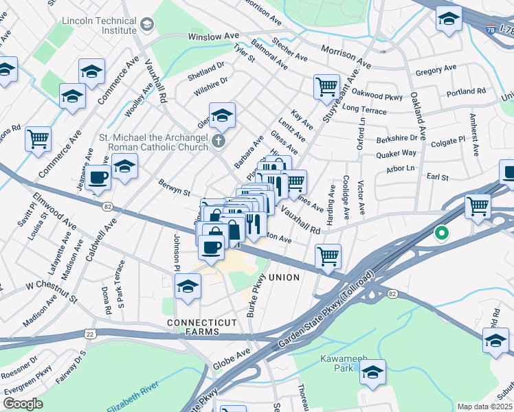 map of restaurants, bars, coffee shops, grocery stores, and more near 1059 Stowe Street in Union
