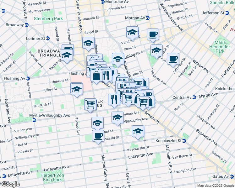 map of restaurants, bars, coffee shops, grocery stores, and more near 874 Broadway in Brooklyn