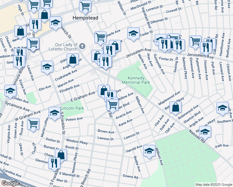 map of restaurants, bars, coffee shops, grocery stores, and more near 124 Oak Avenue in Hempstead