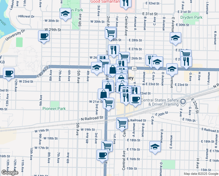 map of restaurants, bars, coffee shops, grocery stores, and more near 2201-2299 N 2nd Ave in Kearney