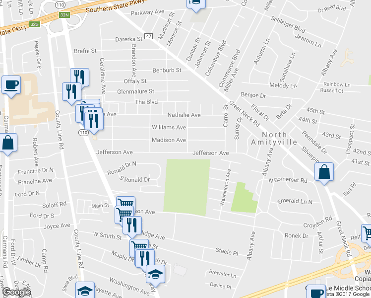 map of restaurants, bars, coffee shops, grocery stores, and more near 8 Cahill Street in Amityville