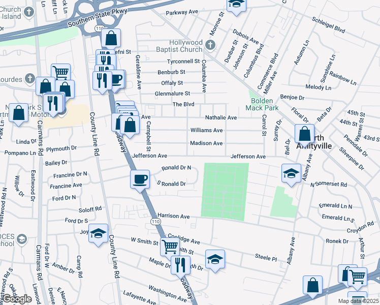 map of restaurants, bars, coffee shops, grocery stores, and more near 7 Moore Street in Amityville