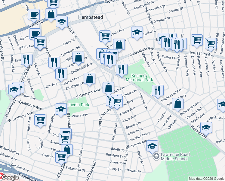 map of restaurants, bars, coffee shops, grocery stores, and more near 93 Oak Avenue in Hempstead